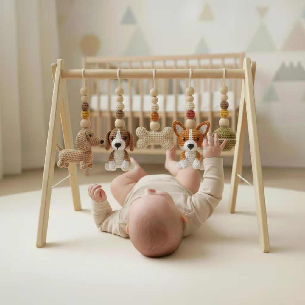 Handmade Puppy Baby Gym, Wooden Baby Play Gym with Crochet Dog Toys, Montessori Activity Gym, Neutral Nursery Decor, Baby Shower Gift