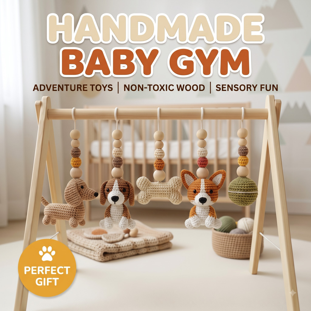 Handmade Puppy Baby Gym, Wooden Baby Play Gym with Crochet Dog Toys, Montessori Activity Gym, Neutral Nursery Decor, Baby Shower Gift
