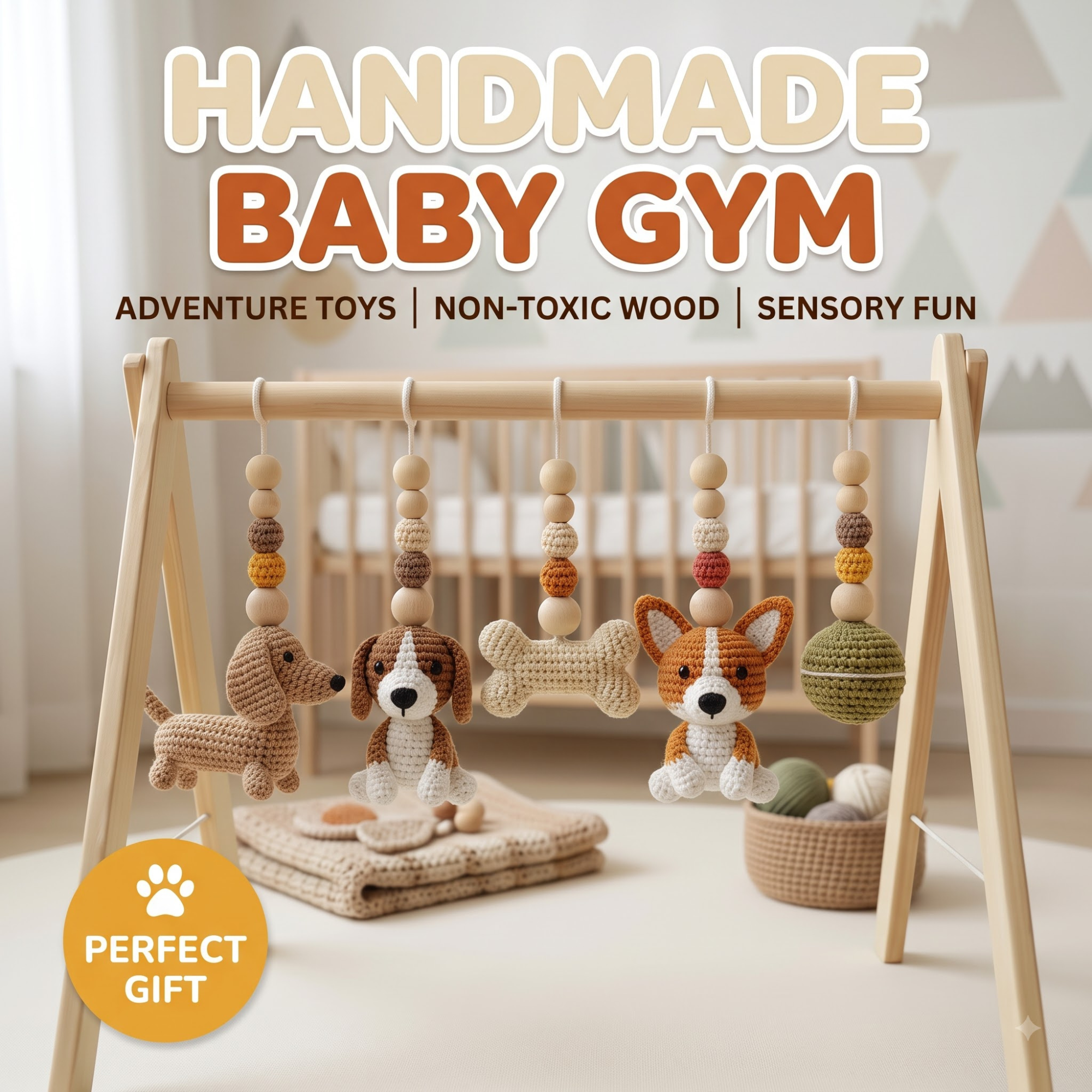 Handmade Puppy Baby Gym, Wooden Baby Play Gym with Crochet Dog Toys, Montessori Activity Gym, Neutral Nursery Decor, Baby Shower Gift