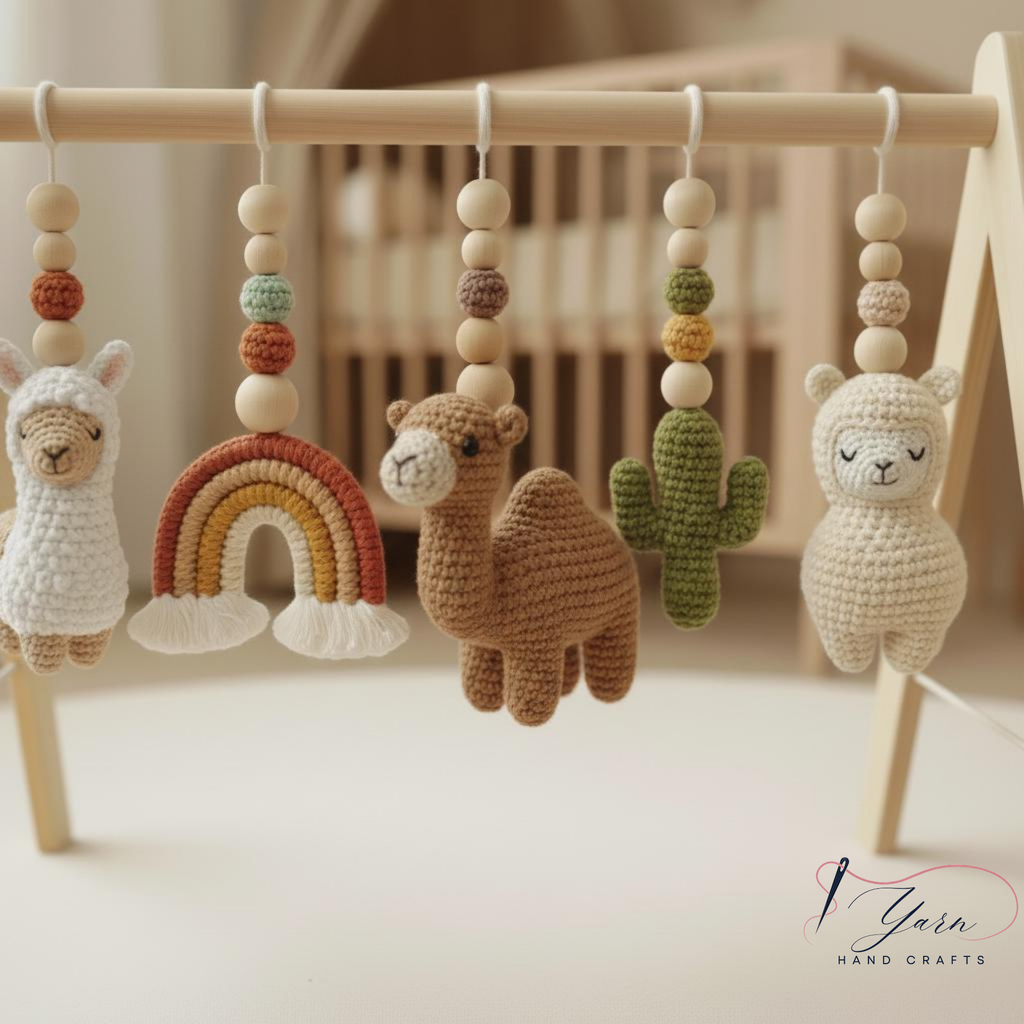 Custom Llama Baby Play Gym, Handmade Wooden Montessori Baby Gym with Crochet Toys, Boho Nursery Decor, Neutral Baby Shower Gift