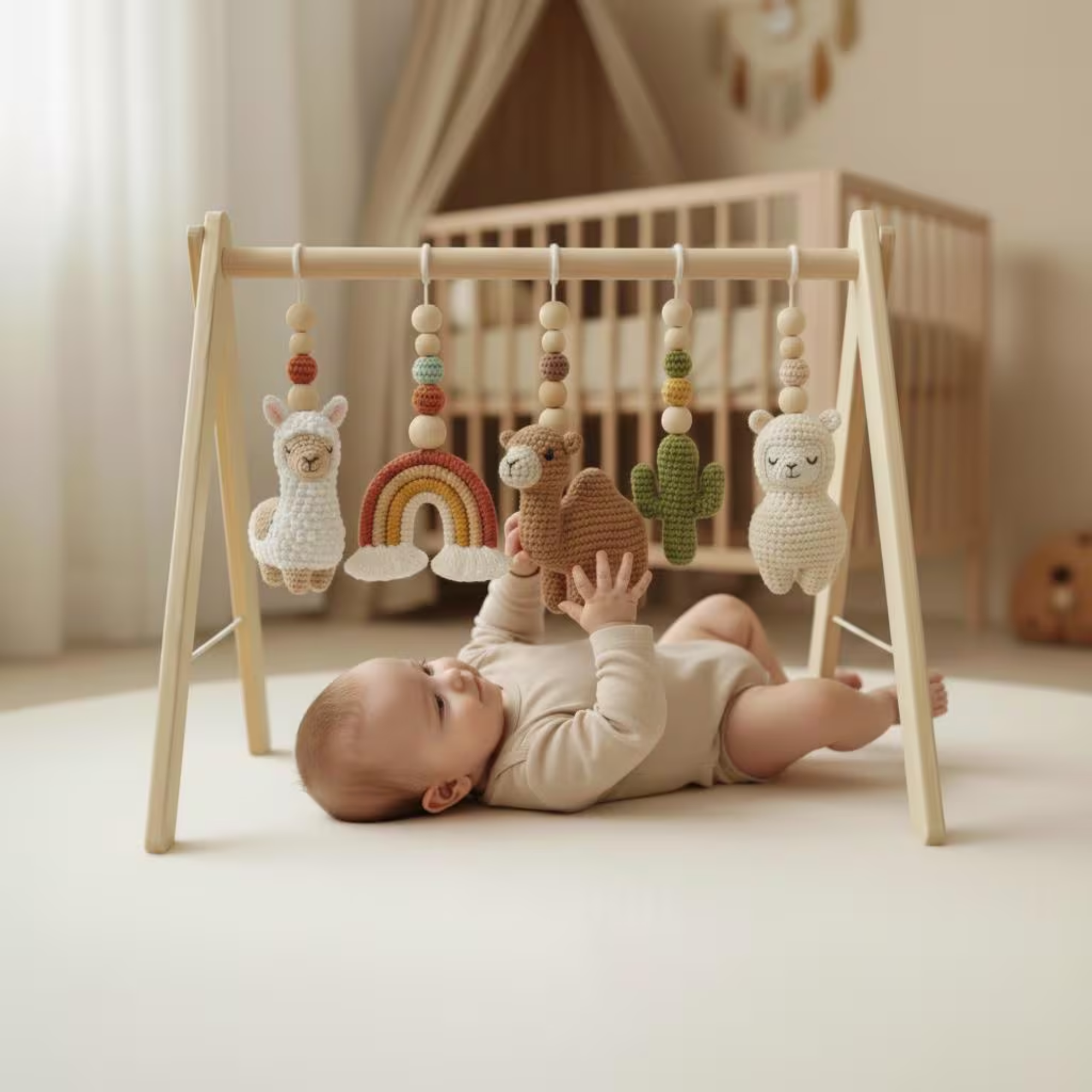 Custom Llama Baby Play Gym, Handmade Wooden Montessori Baby Gym with Crochet Toys, Boho Nursery Decor, Neutral Baby Shower Gift