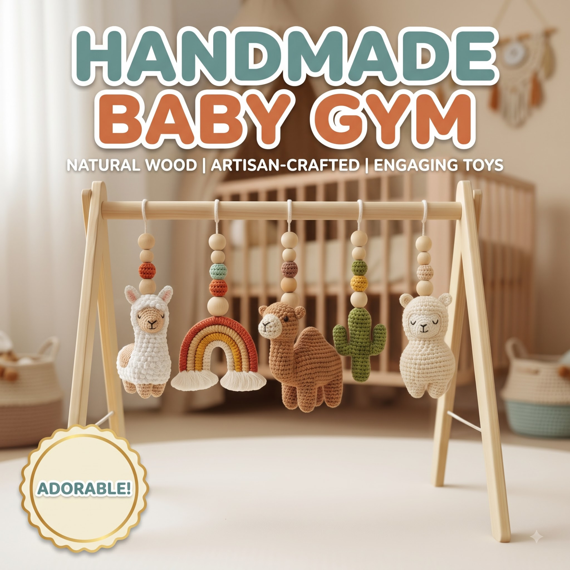 Custom Llama Baby Play Gym, Handmade Wooden Montessori Baby Gym with Crochet Toys, Boho Nursery Decor, Neutral Baby Shower Gift
