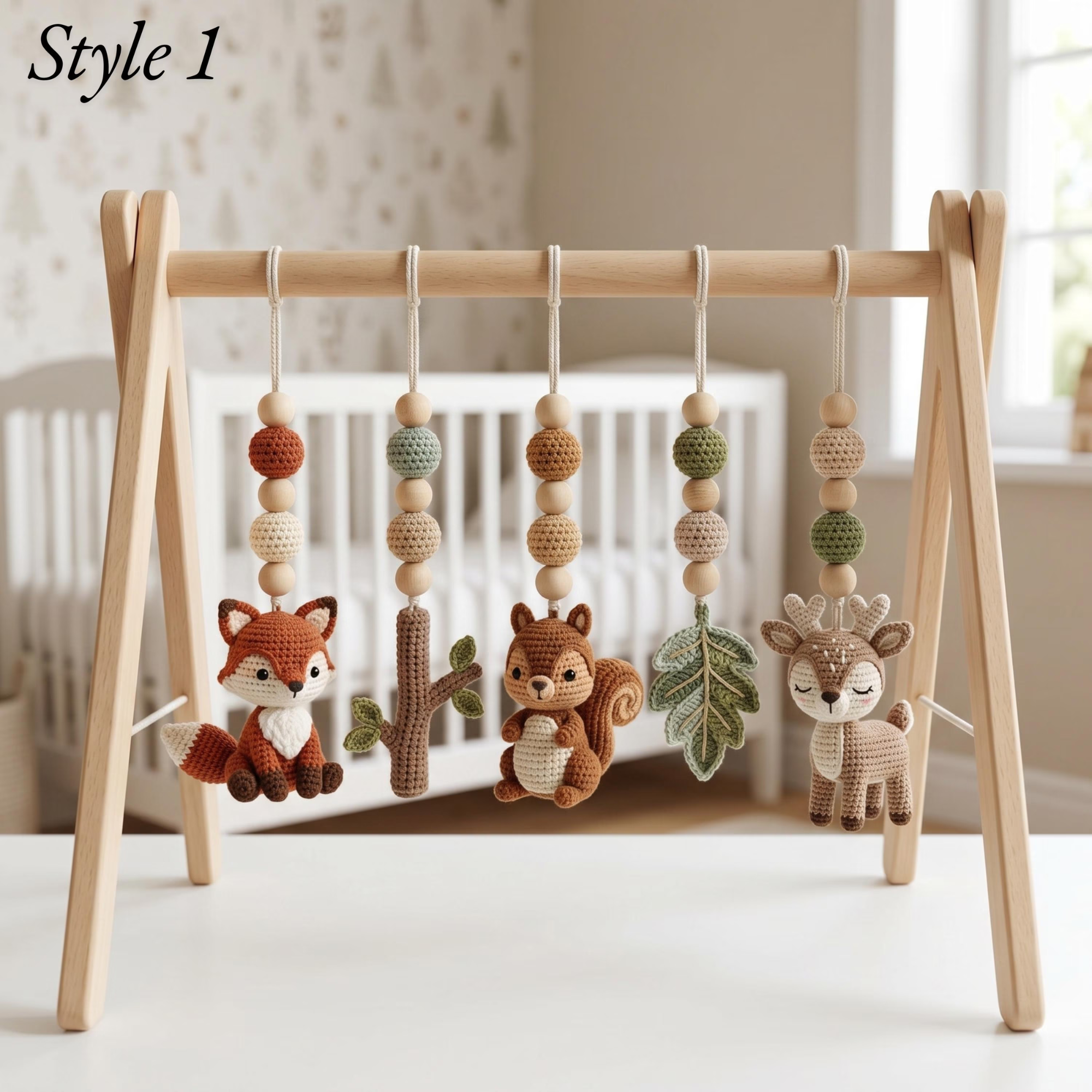 Woodland Baby Play Gym, Crochet Forest Animal Baby Gym, Wooden Montessori Activity Gym, Neutral Nursery Decor, Baby Shower Gift