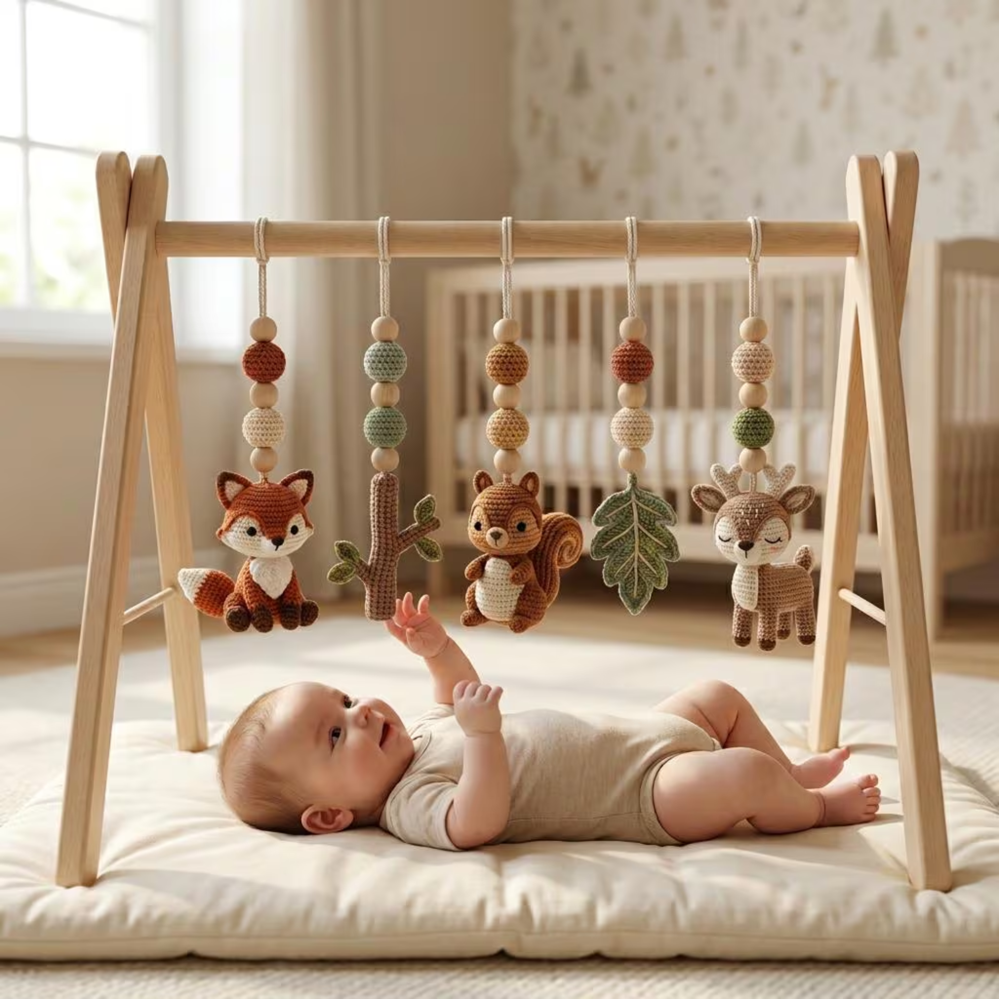 Woodland Baby Play Gym, Crochet Forest Animal Baby Gym, Wooden Montessori Activity Gym, Neutral Nursery Decor, Baby Shower Gift
