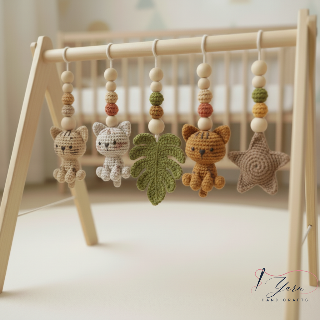 Custom Cat Baby Gym, Personalized Wooden Play Gym, Crochet Kitten Baby Toys, Cat Lover Nursery Decor, Montessori Baby Gift, Handmade Baby Shower Gift