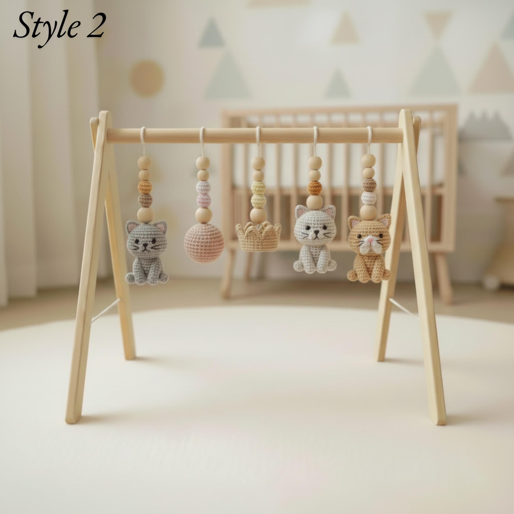 Custom Cat Baby Gym, Personalized Wooden Play Gym, Crochet Kitten Baby Toys, Cat Lover Nursery Decor, Montessori Baby Gift, Handmade Baby Shower Gift