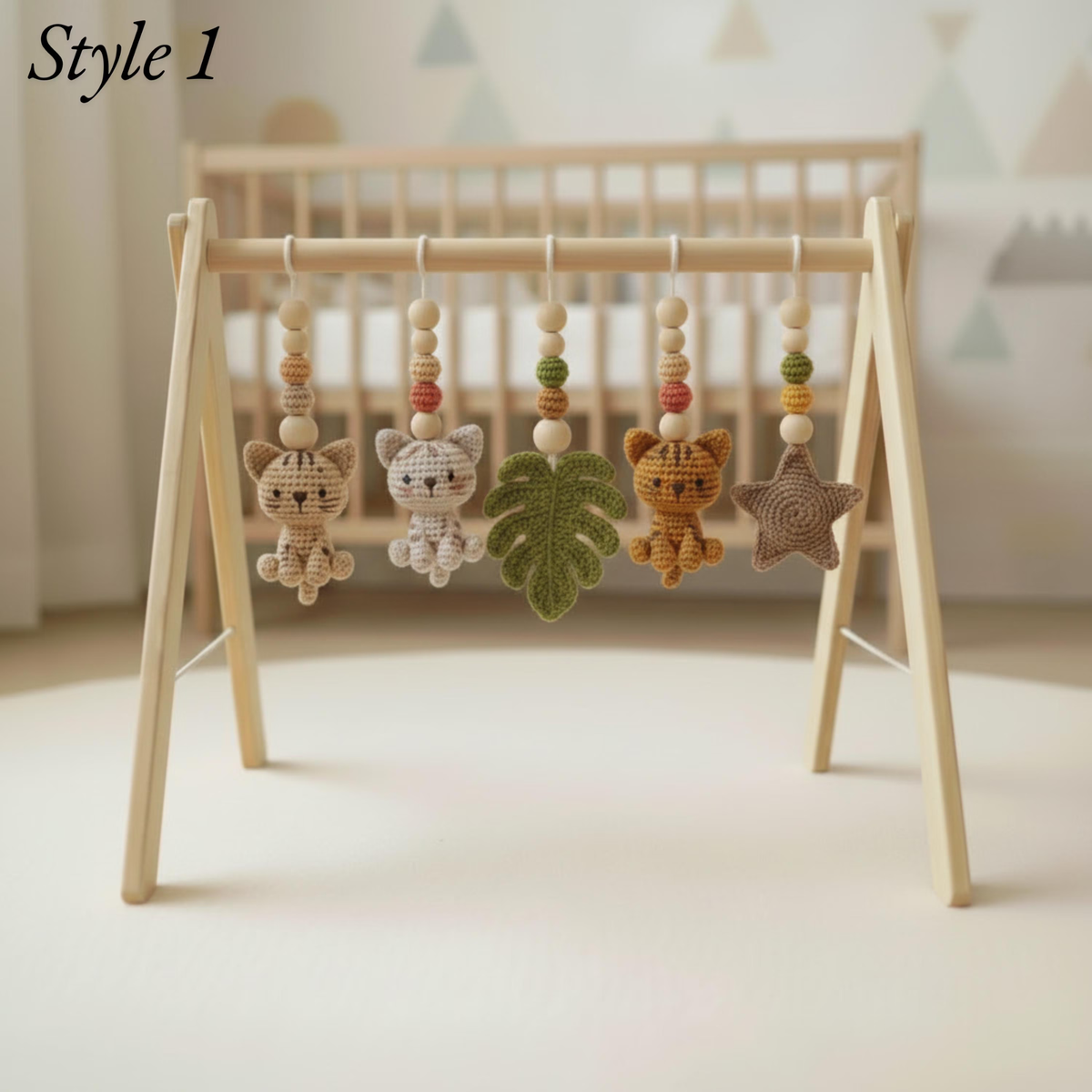 Botanical cat crochet baby gym toys with leaf and star