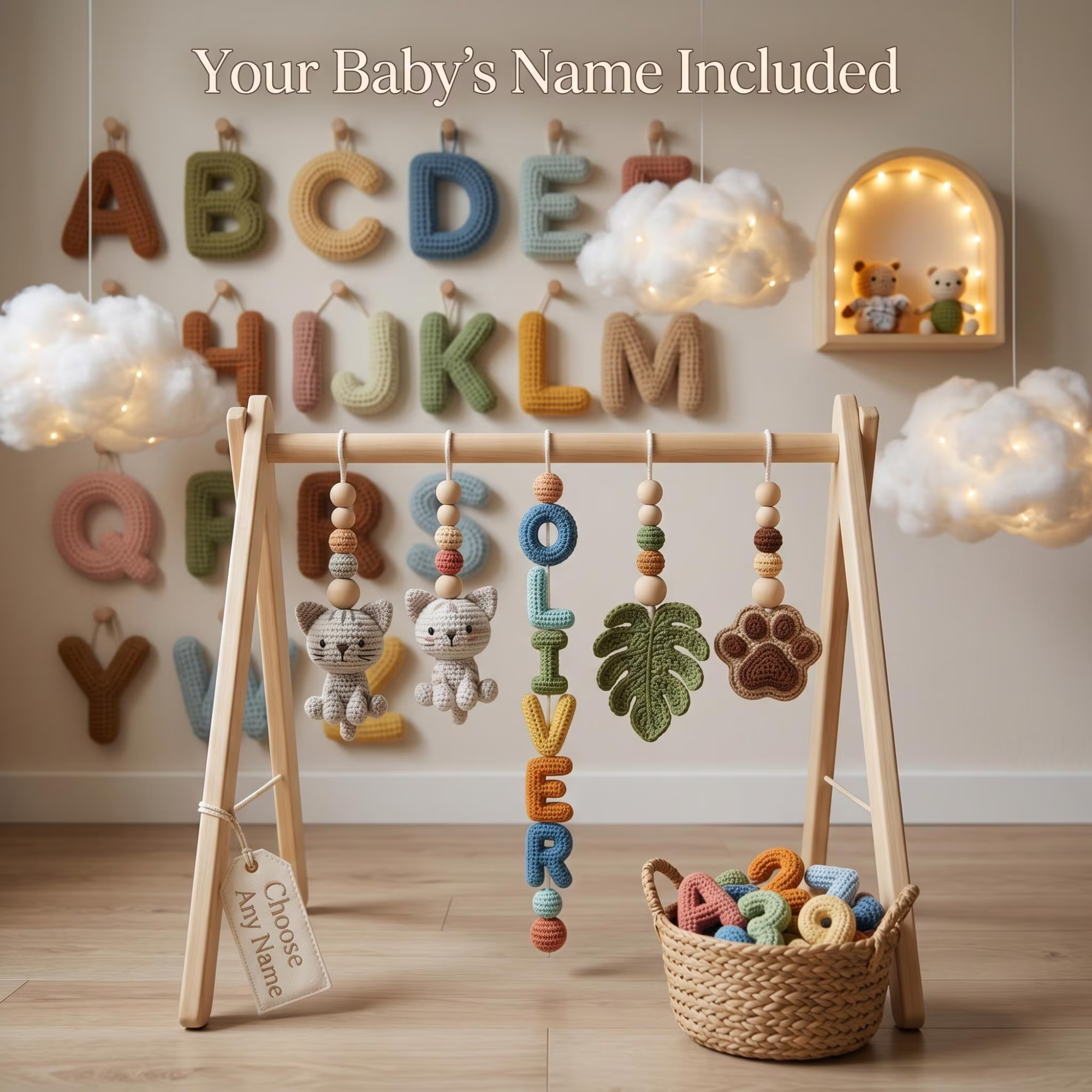 Custom Cat Baby Gym, Personalized Wooden Play Gym, Crochet Kitten Baby Toys, Cat Lover Nursery Decor, Montessori Baby Gift, Handmade Baby Shower Gift