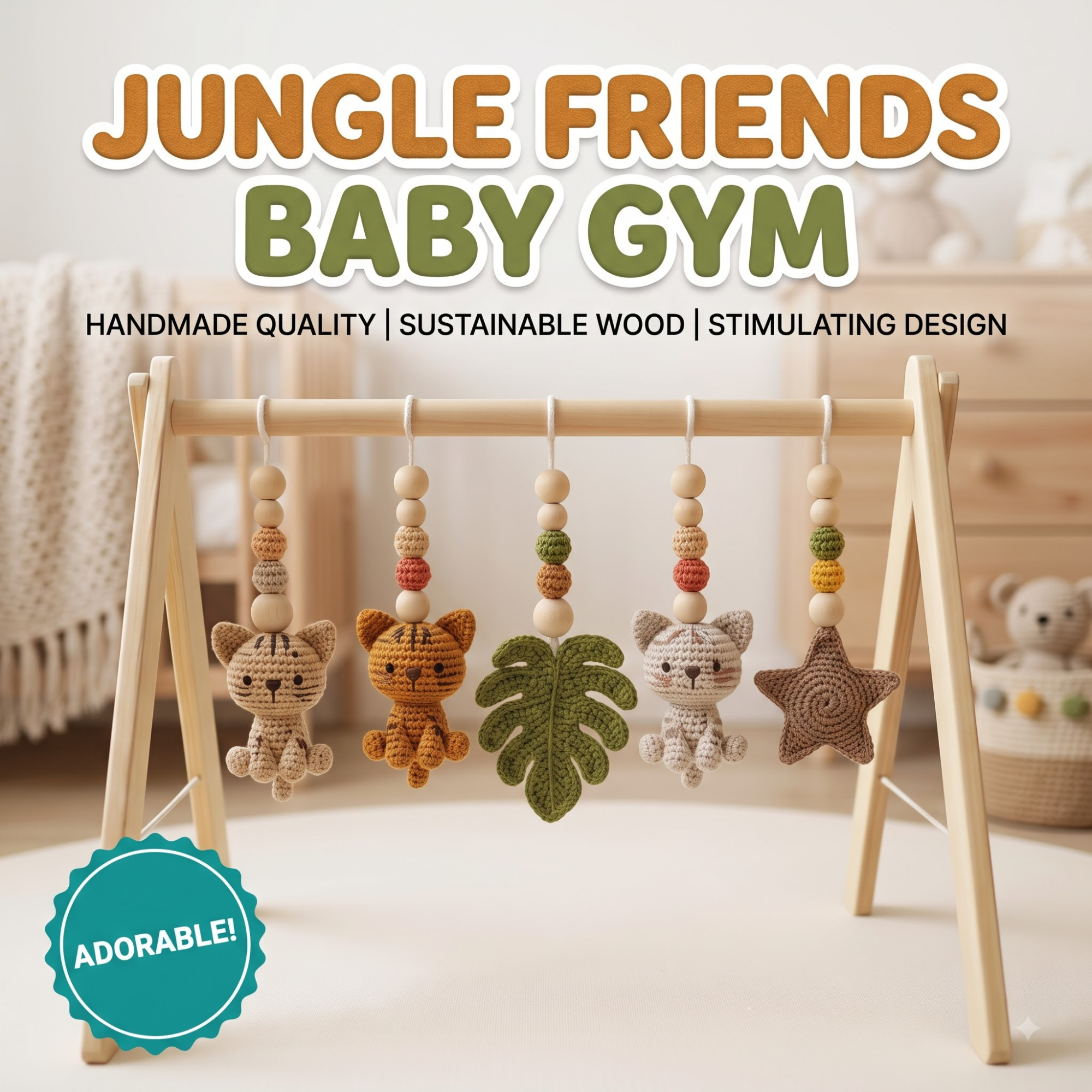 Custom Cat Baby Gym, Personalized Wooden Play Gym, Crochet Kitten Baby Toys, Cat Lover Nursery Decor, Montessori Baby Gift, Handmade Baby Shower Gift
