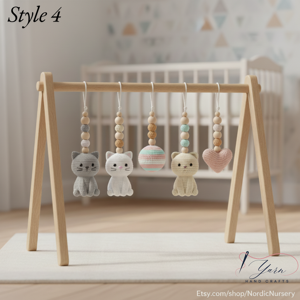 Custom Cat Baby Gym, Wooden Play Gym with Crochet Kitten Toys, Montessori Activity Gym, Cat Nursery Decor, Personalized Baby Shower Gift