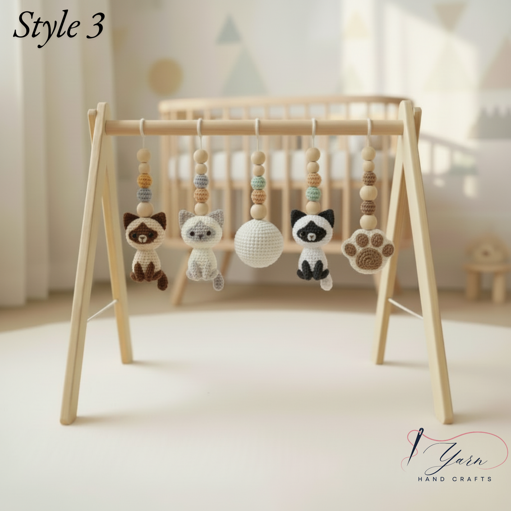 Custom Cat Baby Gym, Wooden Play Gym with Crochet Kitten Toys, Montessori Activity Gym, Cat Nursery Decor, Personalized Baby Shower Gift