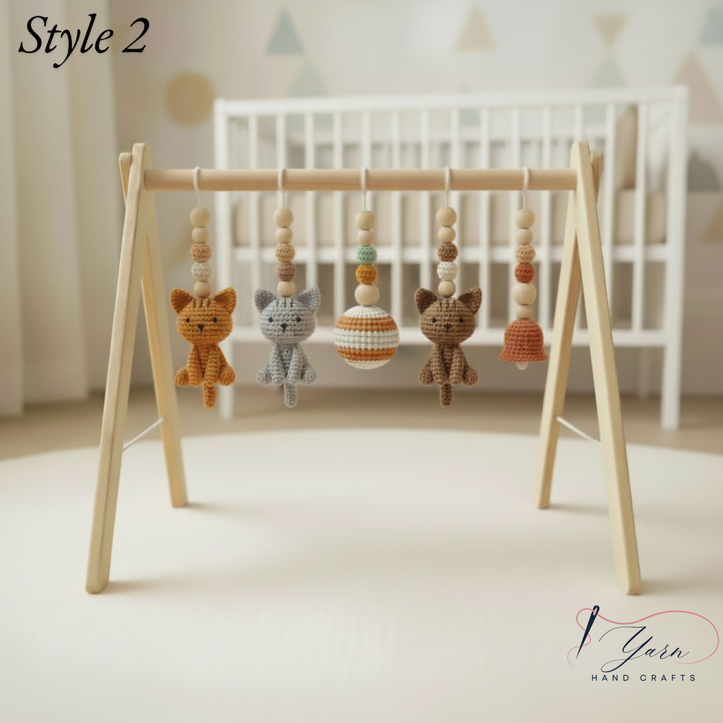 Custom Cat Baby Gym, Wooden Play Gym with Crochet Kitten Toys, Montessori Activity Gym, Cat Nursery Decor, Personalized Baby Shower Gift