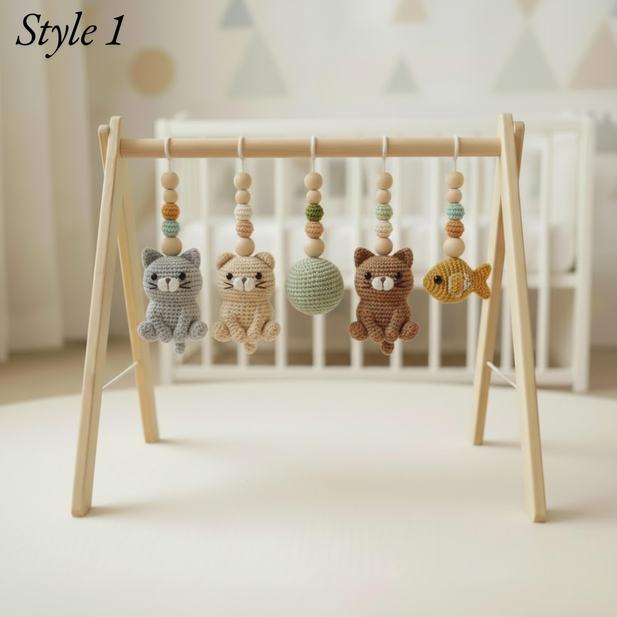 Cute cat crochet baby gym toys with striped ball and fish