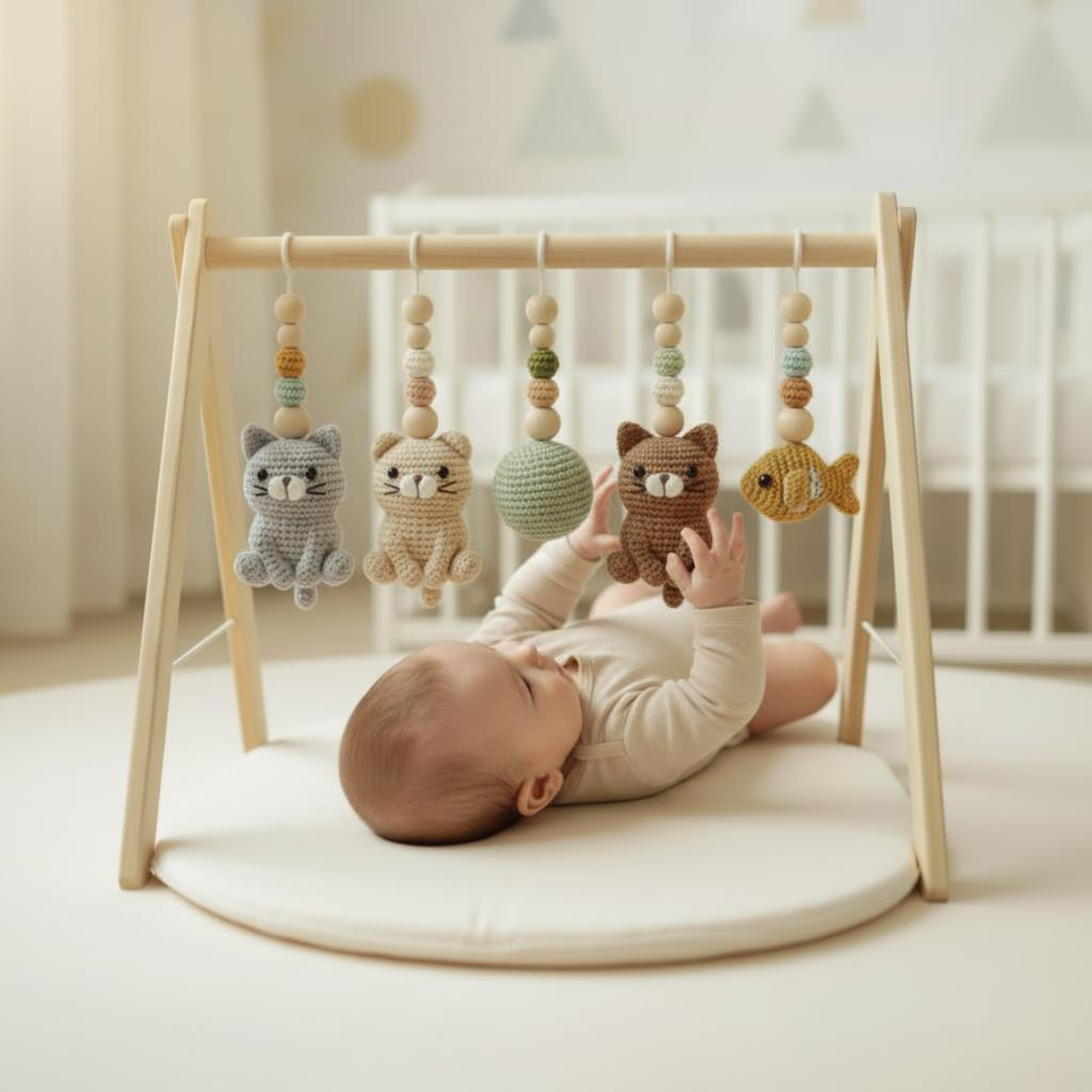 Custom Cat Baby Gym, Wooden Play Gym with Crochet Kitten Toys, Montessori Activity Gym, Cat Nursery Decor, Personalized Baby Shower Gift