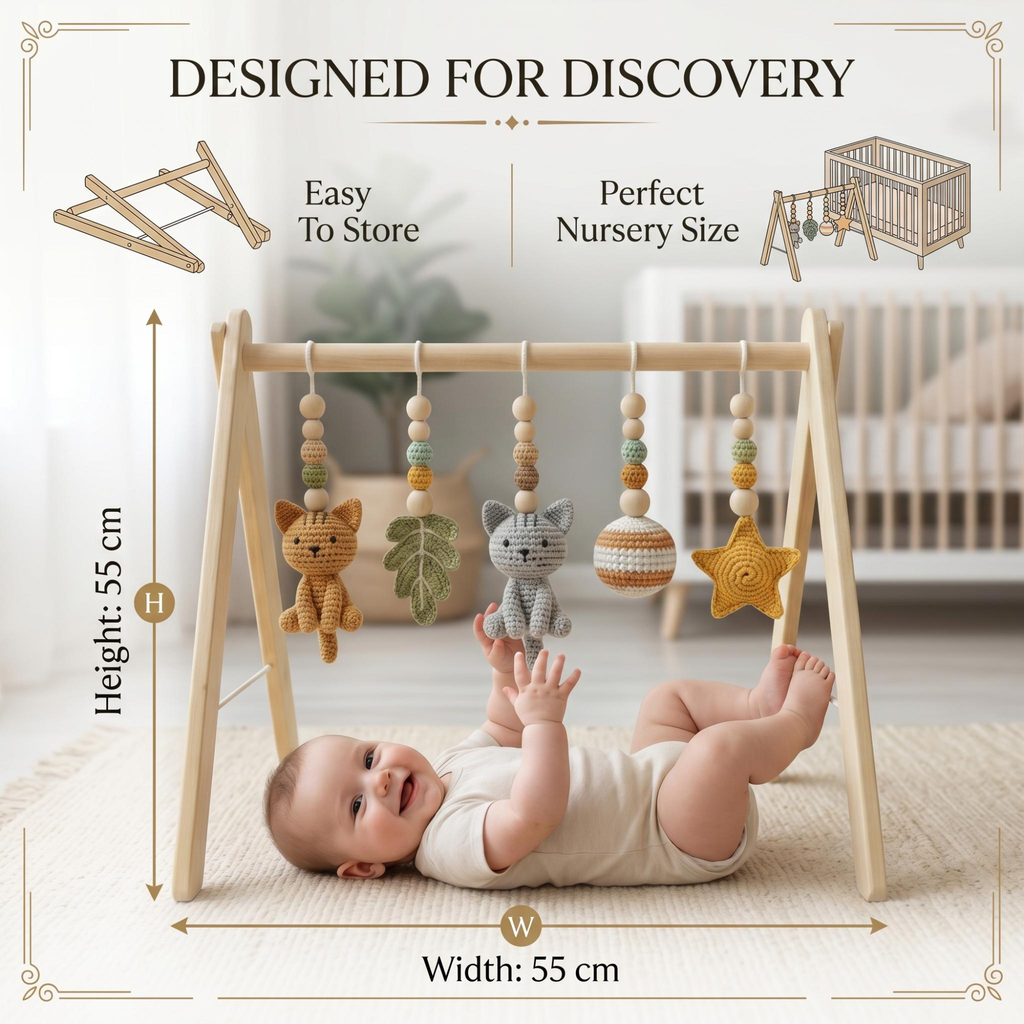 Custom Cat Baby Gym, Wooden Play Gym with Crochet Kitten Toys, Montessori Activity Gym, Cat Nursery Decor, Personalized Baby Shower Gift