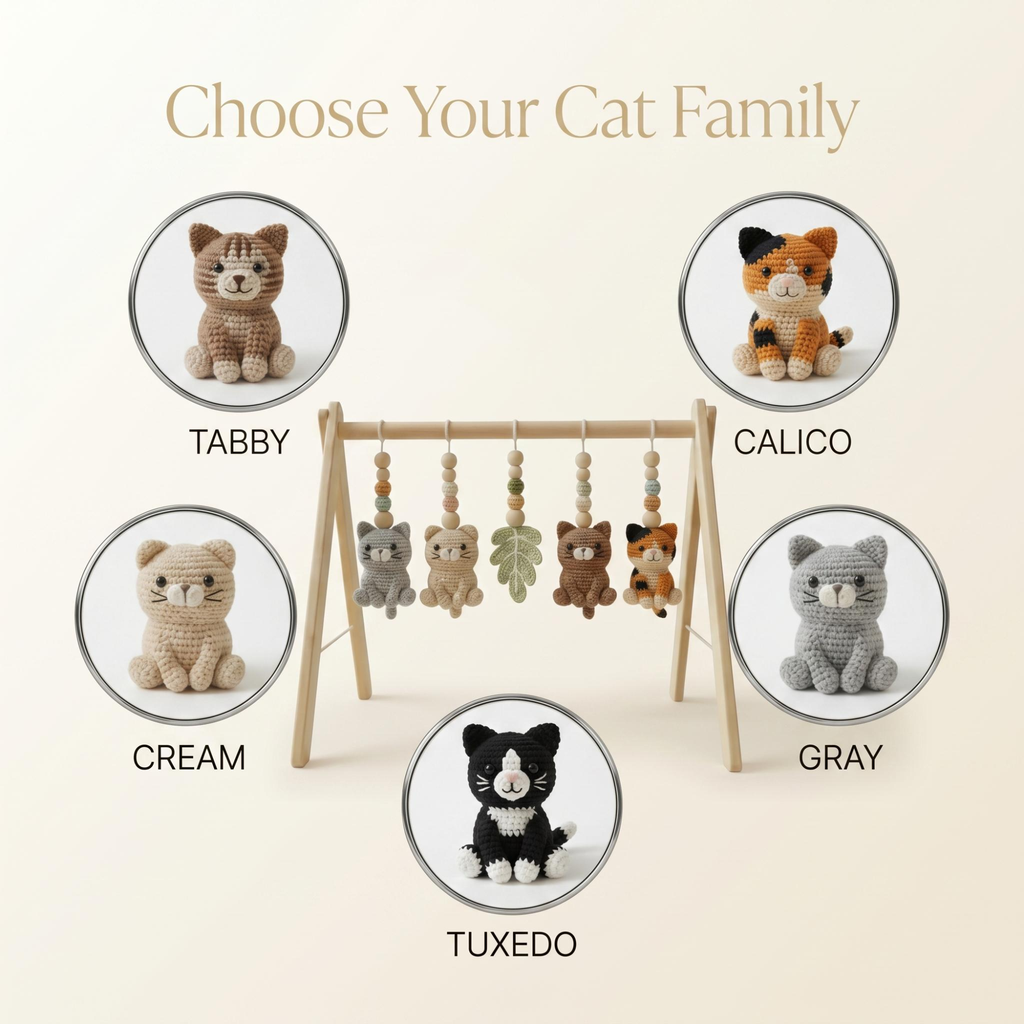 Custom Cat Baby Gym, Wooden Play Gym with Crochet Kitten Toys, Montessori Activity Gym, Cat Nursery Decor, Personalized Baby Shower Gift