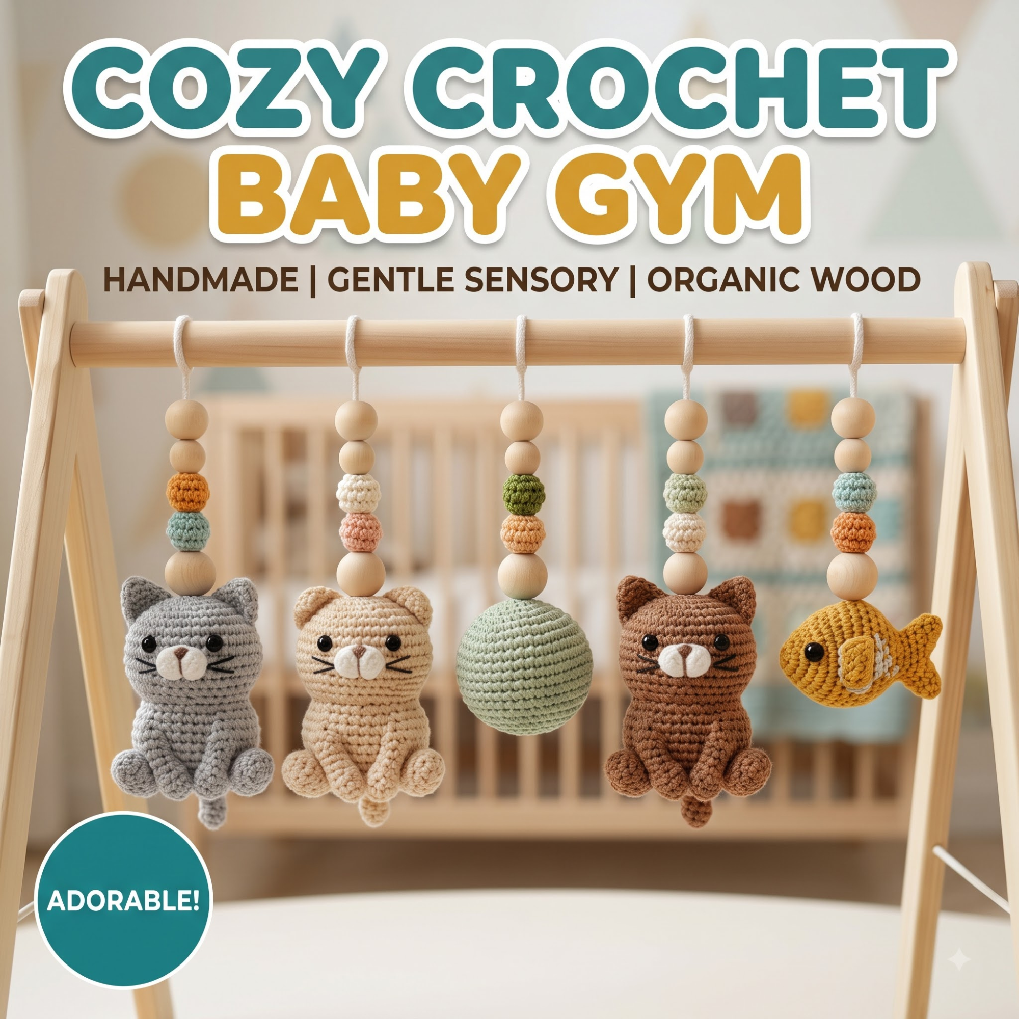 A baby crochet gym toy set hanging from a wooden frame in front of a blurred crib. The set includes a gray cat, a beige cat, a mint green ball, a brown cat, and a yellow fish, each with wooden beads above.