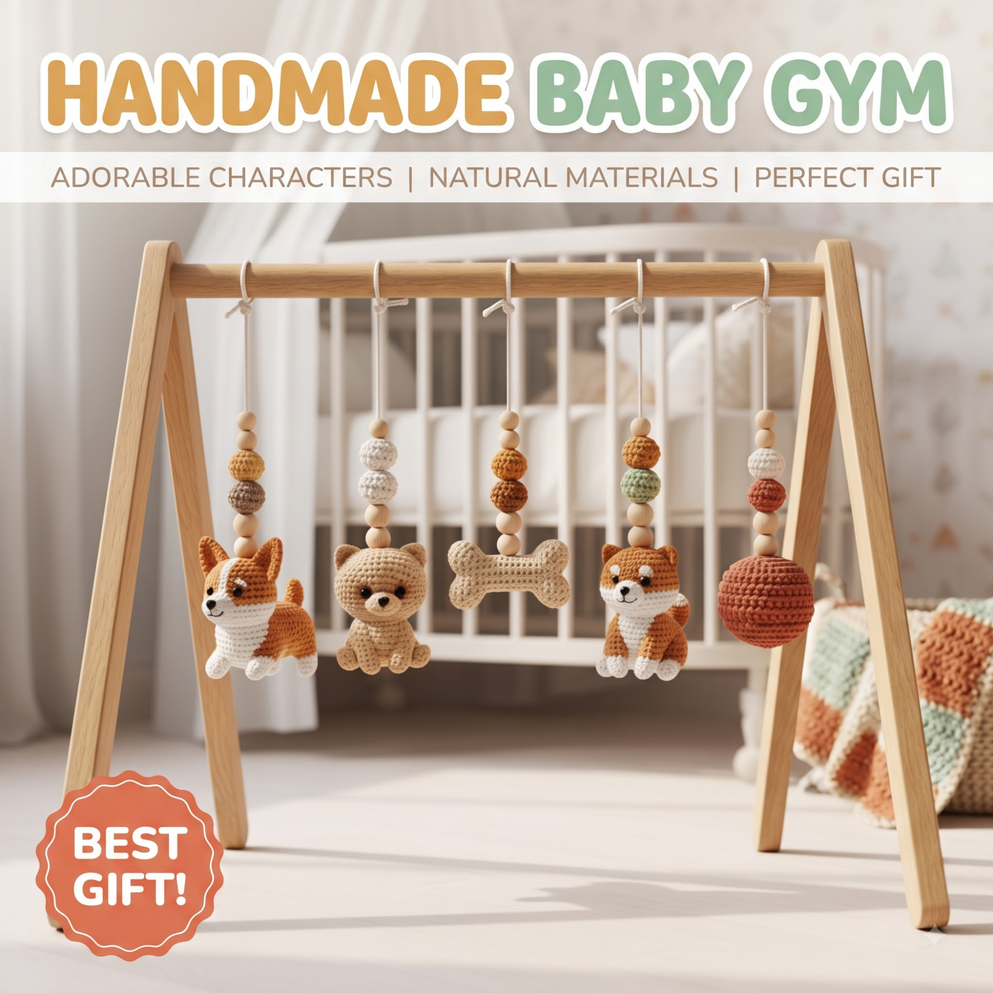 A handmade baby gym with a natural wood A-frame structure holding crocheted hanging toys, including plush foxes, a teddy bear, a bone, and a ball. The background shows a softly blurred nursery setting with a crib and blanket.