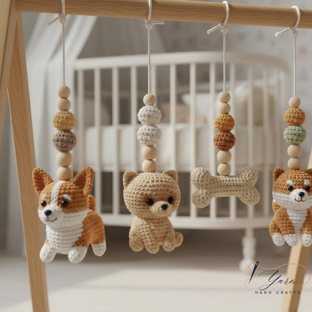 Handmade Puppy Baby Gym, Wooden Baby Play Gym with Crochet Dog Toys, Montessori Activity Gym, Neutral Nursery Decor, Baby Shower Gift