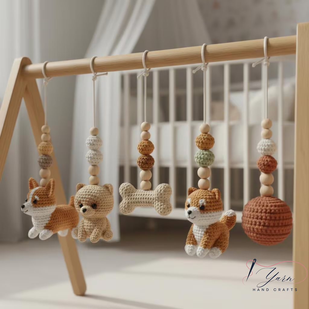 Handmade Puppy Baby Gym, Wooden Baby Play Gym with Crochet Dog Toys, Montessori Activity Gym, Neutral Nursery Decor, Baby Shower Gift
