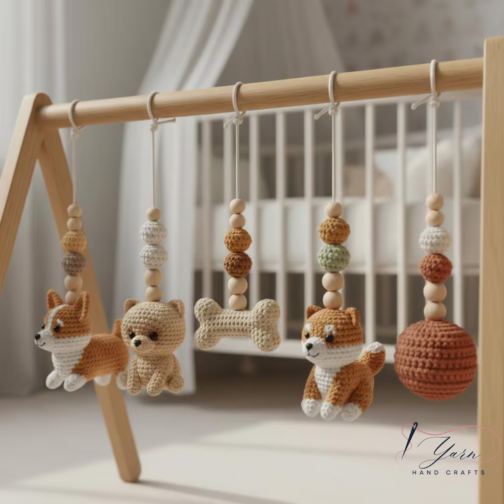 Handmade Puppy Baby Gym, Wooden Baby Play Gym with Crochet Dog Toys, Montessori Activity Gym, Neutral Nursery Decor, Baby Shower Gift
