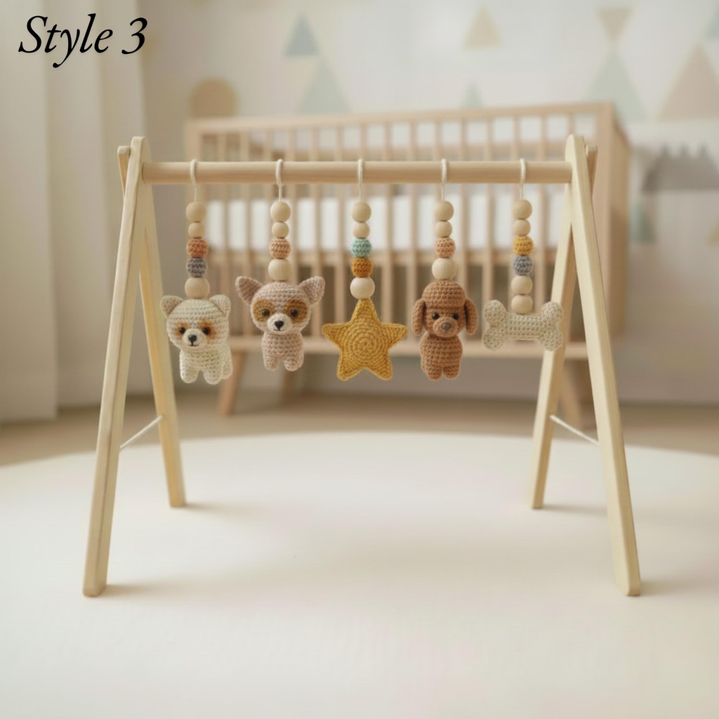 Handmade Puppy Baby Gym, Wooden Baby Play Gym with Crochet Dog Toys, Montessori Activity Gym, Neutral Nursery Decor, Baby Shower Gift