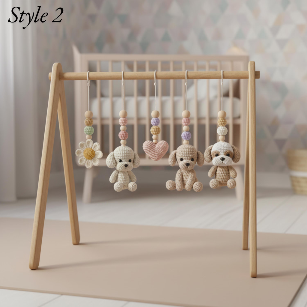 Handmade Puppy Baby Gym, Wooden Baby Play Gym with Crochet Dog Toys, Montessori Activity Gym, Neutral Nursery Decor, Baby Shower Gift