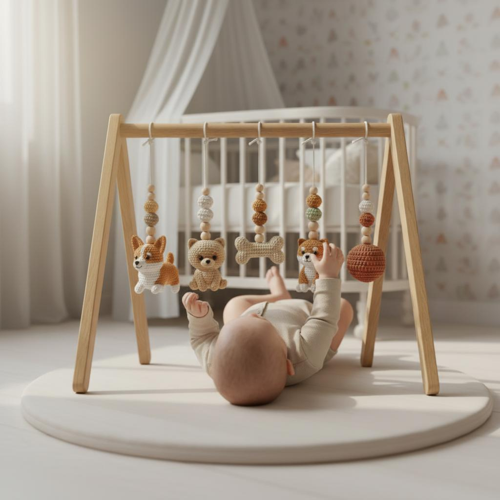 Handmade Puppy Baby Gym, Wooden Baby Play Gym with Crochet Dog Toys, Montessori Activity Gym, Neutral Nursery Decor, Baby Shower Gift