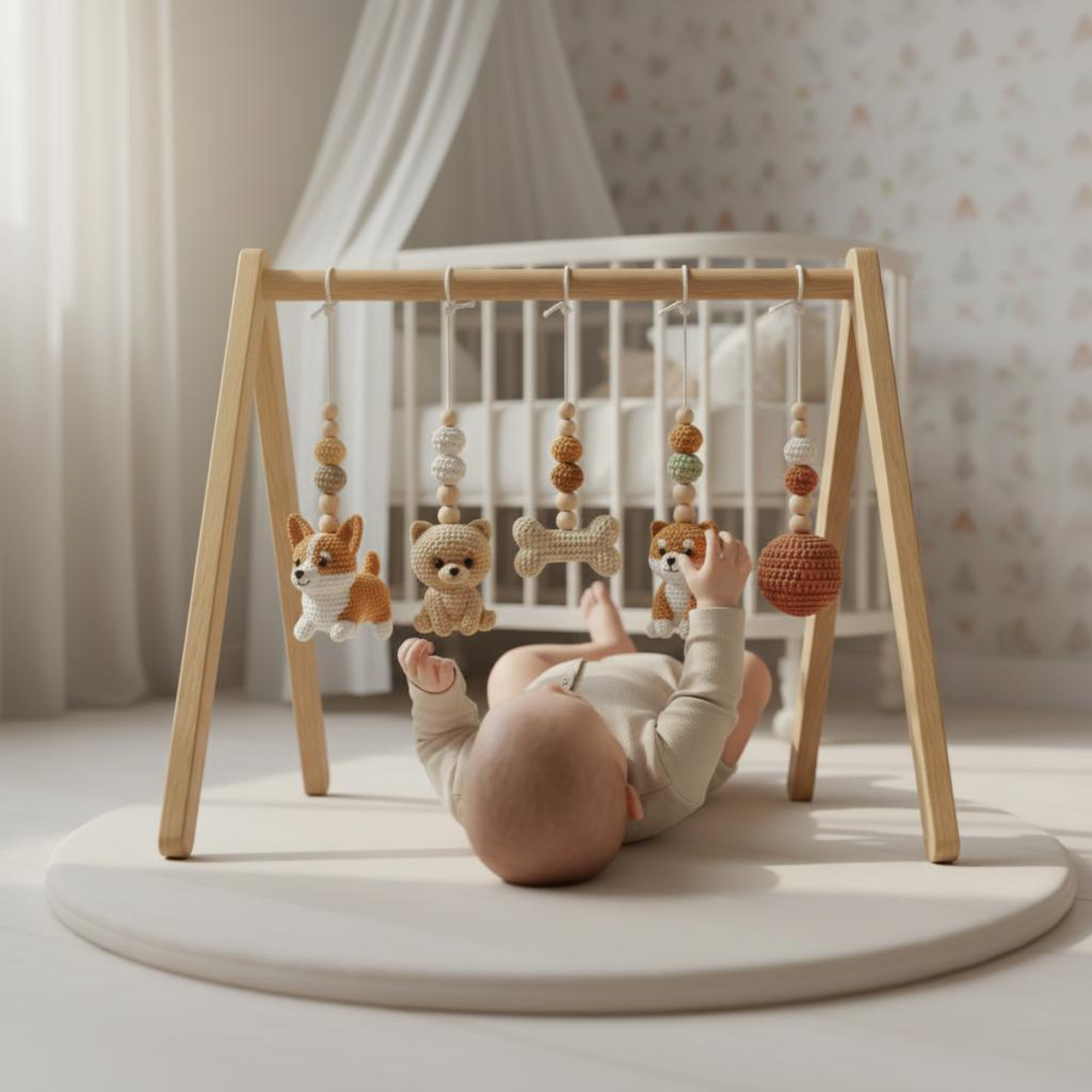 Handmade Puppy Baby Gym, Wooden Baby Play Gym with Crochet Dog Toys, Montessori Activity Gym, Neutral Nursery Decor, Baby Shower Gift