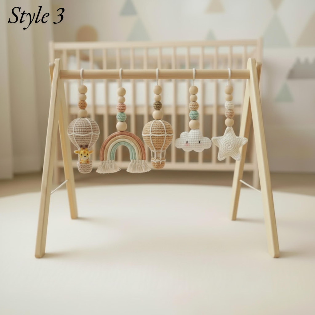 Handmade Baby Play Gym Toys | Custom Crochet Safari Baby Gym Hanging Toys | Montessori Wooden Baby Gym Set | Neutral Nursery Decor | Baby Gift