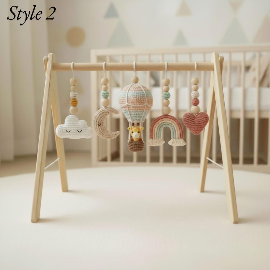 Handmade Baby Play Gym Toys | Custom Crochet Safari Baby Gym Hanging Toys | Montessori Wooden Baby Gym Set | Neutral Nursery Decor | Baby Gift