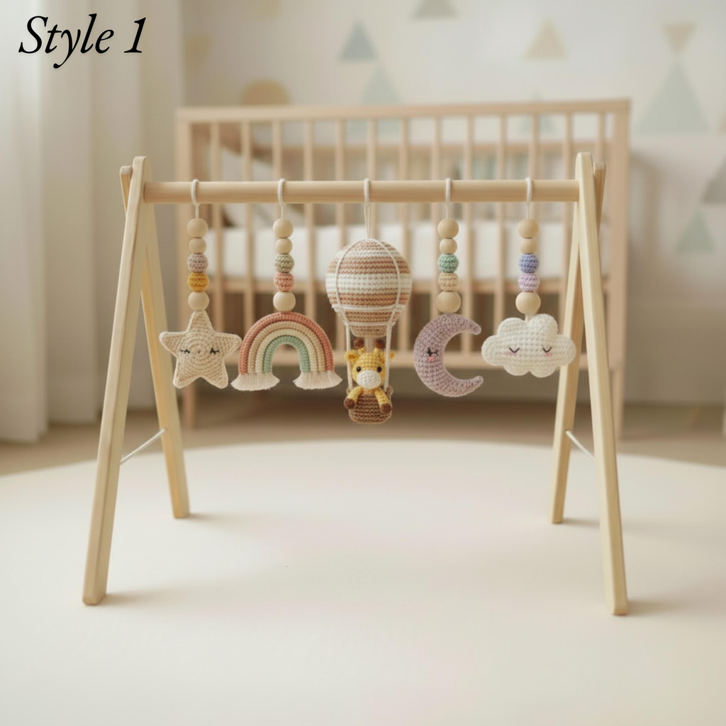 Handmade Baby Play Gym Toys | Custom Crochet Safari Baby Gym Hanging Toys | Montessori Wooden Baby Gym Set | Neutral Nursery Decor | Baby Gift