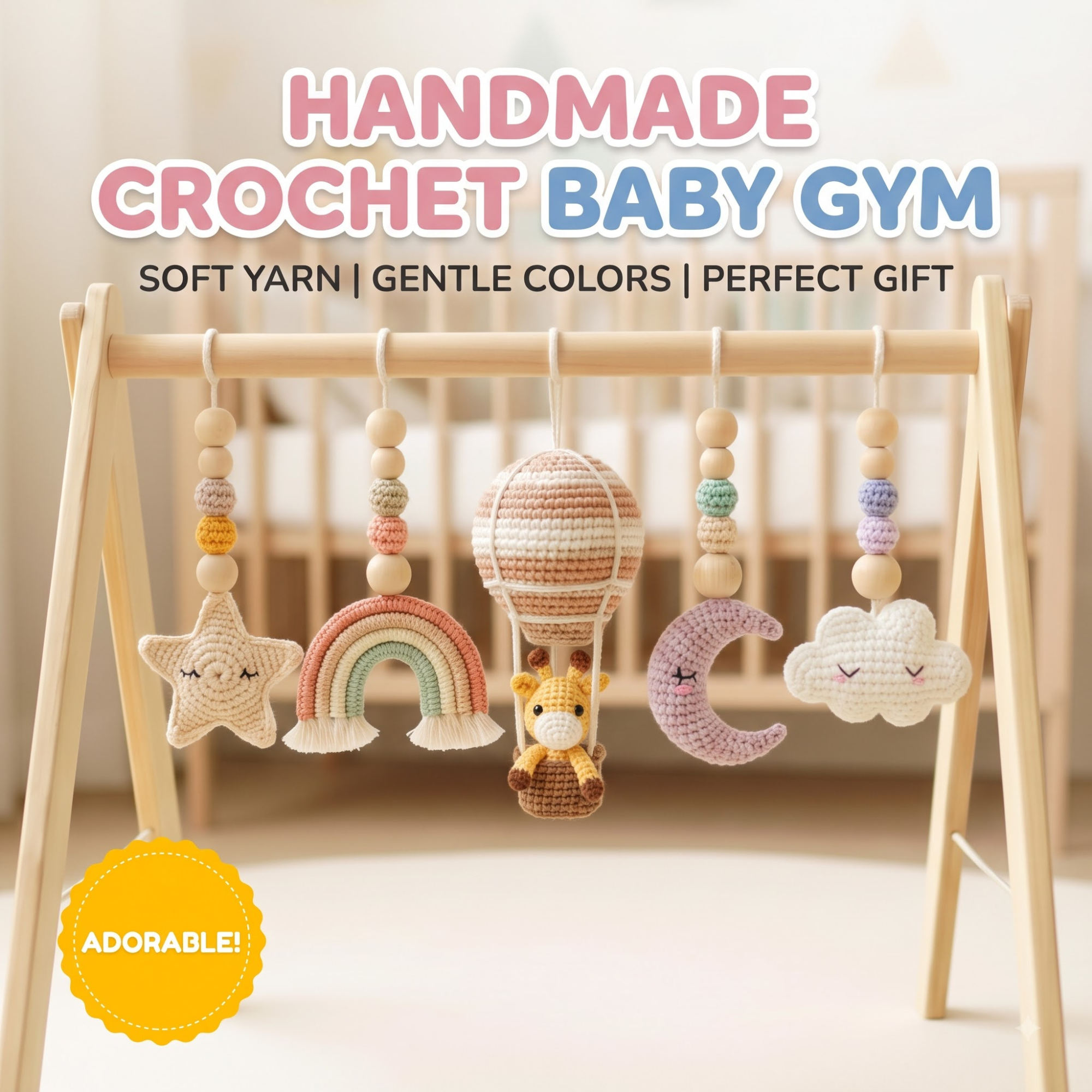 Handmade Baby Play Gym Toys | Custom Crochet Safari Baby Gym Hanging Toys | Montessori Wooden Baby Gym Set | Neutral Nursery Decor | Baby Gift