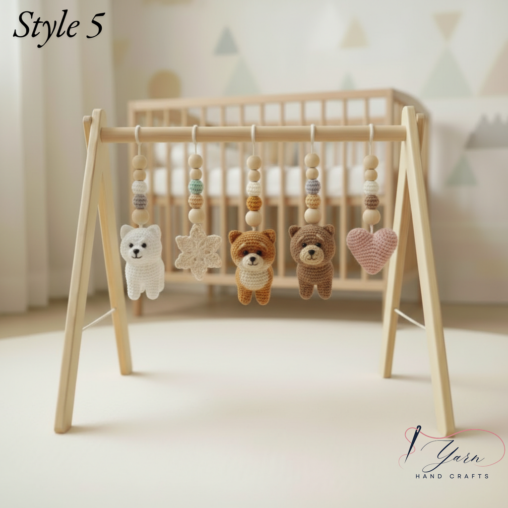 Puppy Baby Gym, Wooden Play Gym with Crochet Dog Bone Paw Print Toys, Montessori Activity Frame, Dog Lover Nursery Decor, Baby Shower Gift