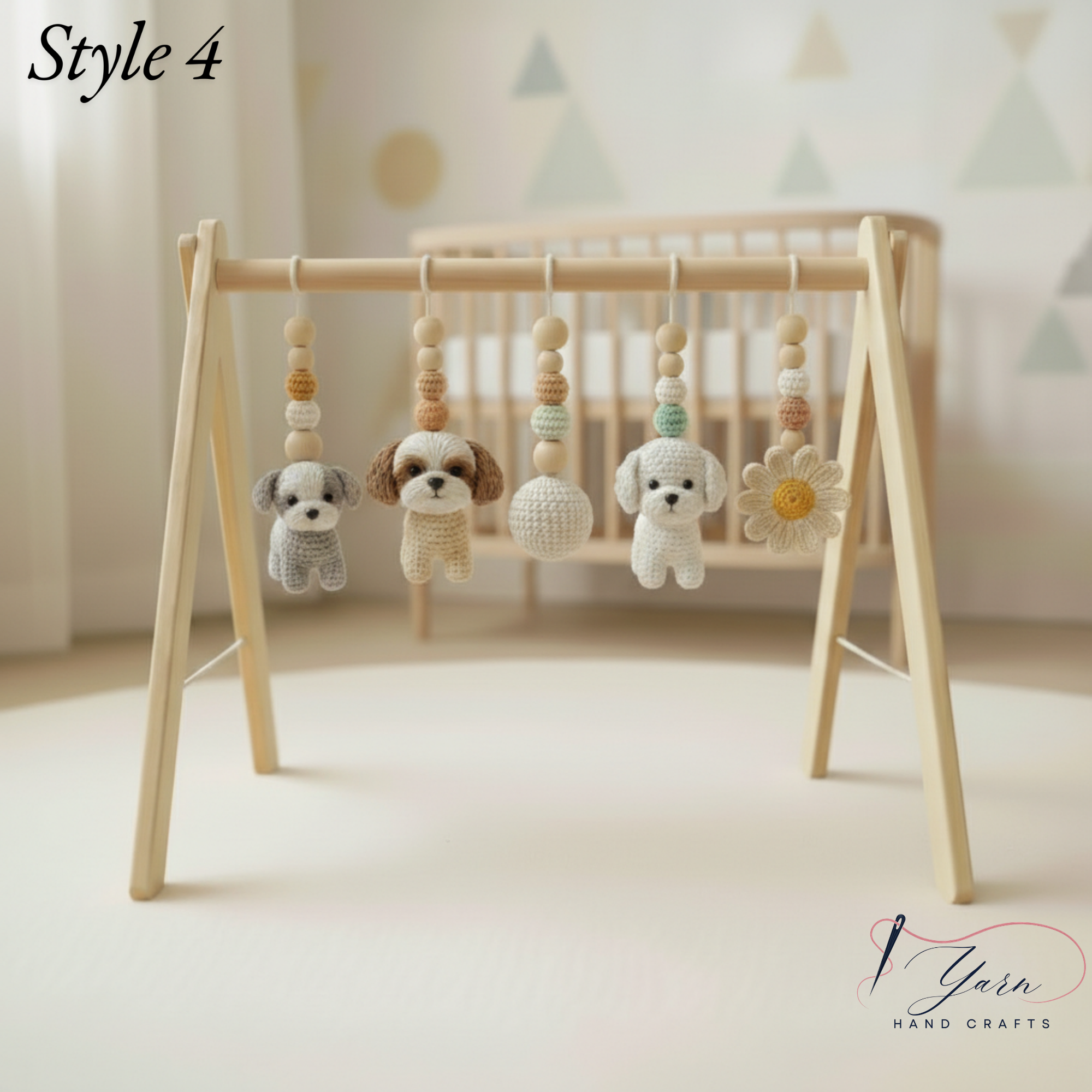 Puppy Baby Gym, Wooden Play Gym with Crochet Dog Bone Paw Print Toys, Montessori Activity Frame, Dog Lover Nursery Decor, Baby Shower Gift