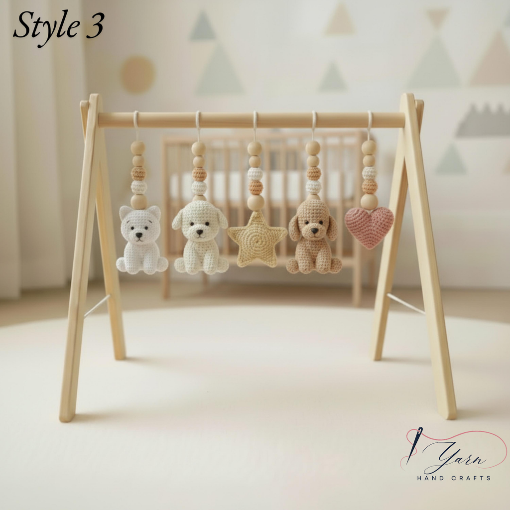 Puppy Baby Gym, Wooden Play Gym with Crochet Dog Bone Paw Print Toys, Montessori Activity Frame, Dog Lover Nursery Decor, Baby Shower Gift