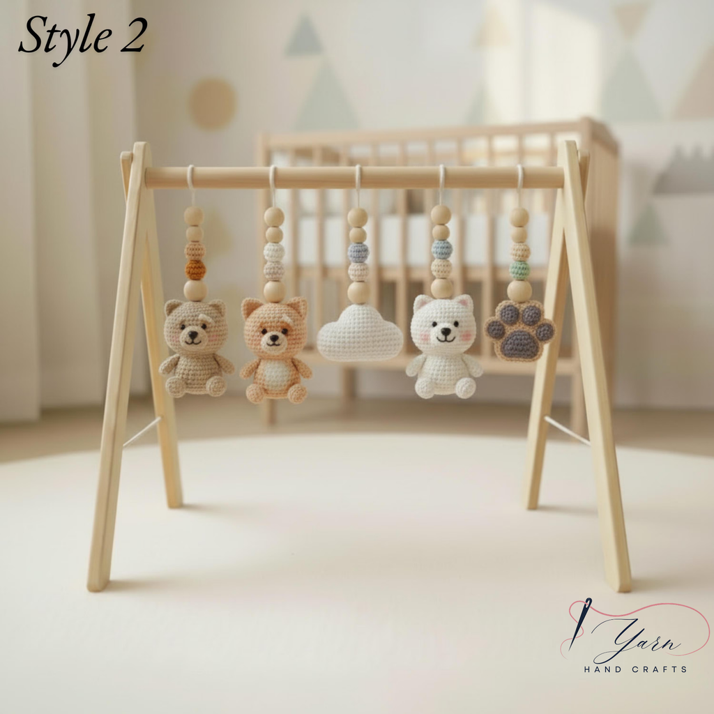 Puppy Baby Gym, Wooden Play Gym with Crochet Dog Bone Paw Print Toys, Montessori Activity Frame, Dog Lover Nursery Decor, Baby Shower Gift