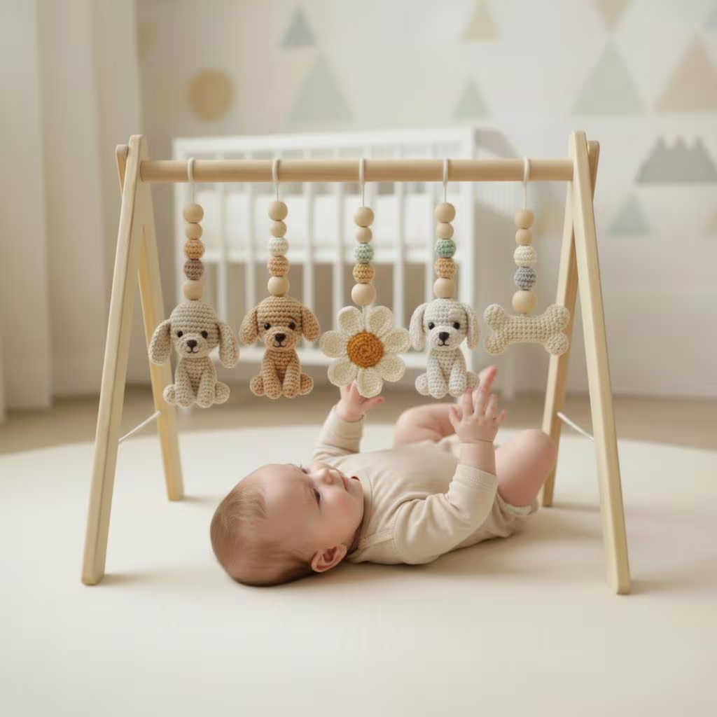 Puppy Baby Gym, Wooden Play Gym with Crochet Dog Bone Paw Print Toys, Montessori Activity Frame, Dog Lover Nursery Decor, Baby Shower Gift