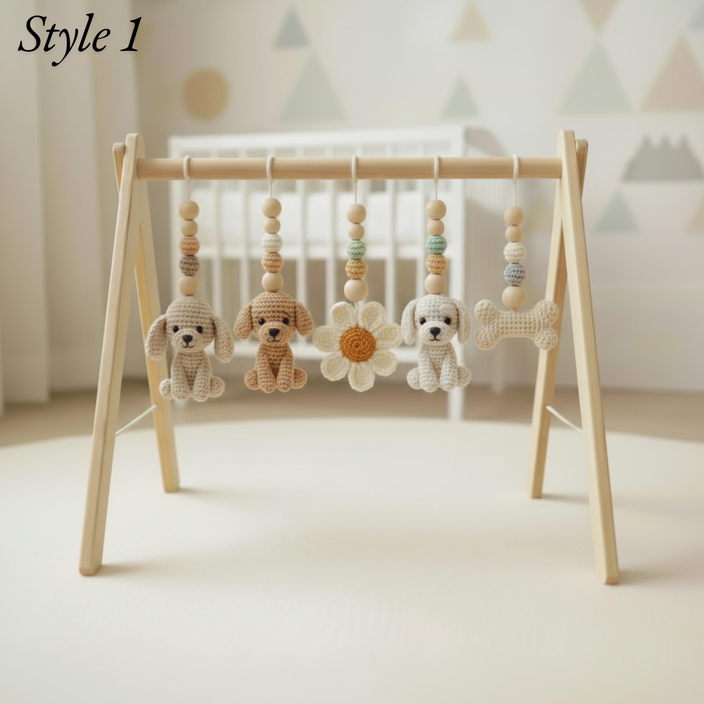 Puppy Baby Gym, Wooden Play Gym with Crochet Dog Bone Paw Print Toys, Montessori Activity Frame, Dog Lover Nursery Decor, Baby Shower Gift