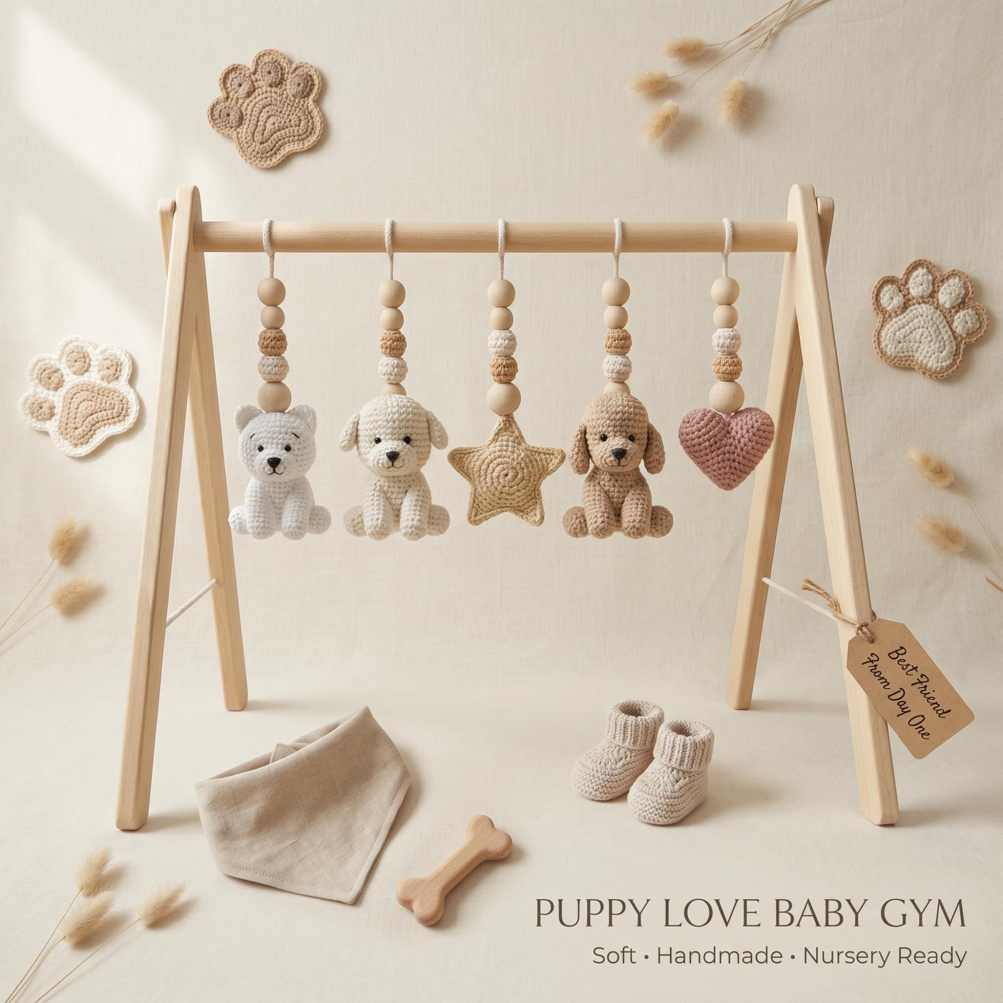 Puppy Baby Gym, Wooden Play Gym with Crochet Dog Bone Paw Print Toys, Montessori Activity Frame, Dog Lover Nursery Decor, Baby Shower Gift