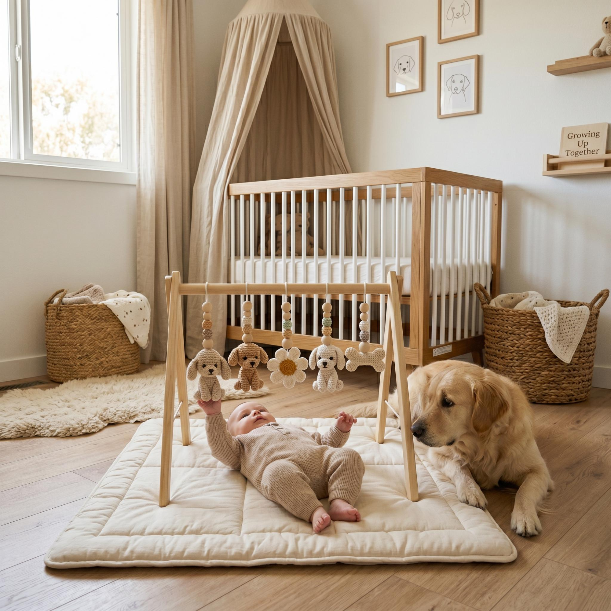 A baby in beige clothing lies on a cream quilted floor mat in a nursery, reaching toward a wooden baby activity gym with hanging plush toys. A golden retriever sits beside the mat, and a wooden crib, canopy, baskets, and framed wall art are visible in the softly lit room.