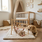 Puppy Baby Gym, Wooden Play Gym with Crochet Dog Bone Paw Print Toys, Montessori Activity Frame, Dog Lover Nursery Decor, Baby Shower Gift