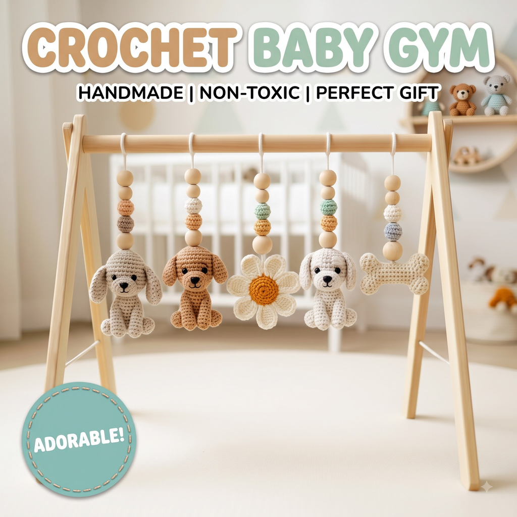 Puppy Baby Gym, Wooden Play Gym with Crochet Dog Bone Paw Print Toys, Montessori Activity Frame, Dog Lover Nursery Decor, Baby Shower Gift
