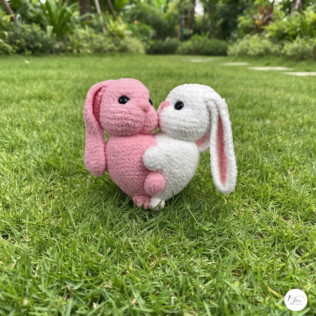 Handmade Crochet Kissing Bunnies Set of 2, Pink White Amigurumi Rabbit Plush Pair, Valentine Couple Gift, Anniversary Keepsake
