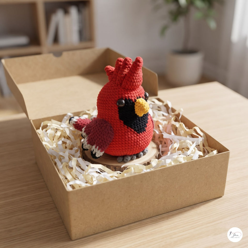 A crocheted red cardinal bird ornament displayed inside an open brown cardboard box filled with white paper shred, set on a light wood tabletop in a softly blurred indoor setting.