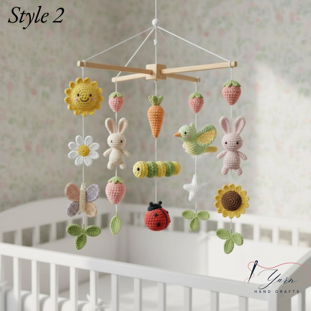 Handmade Floral Bunny Baby Mobile, Crochet Nursery Mobile with Rabbits, Flowers, Bees & Fruits, Spring Crib Mobile, Baby Shower Gift
