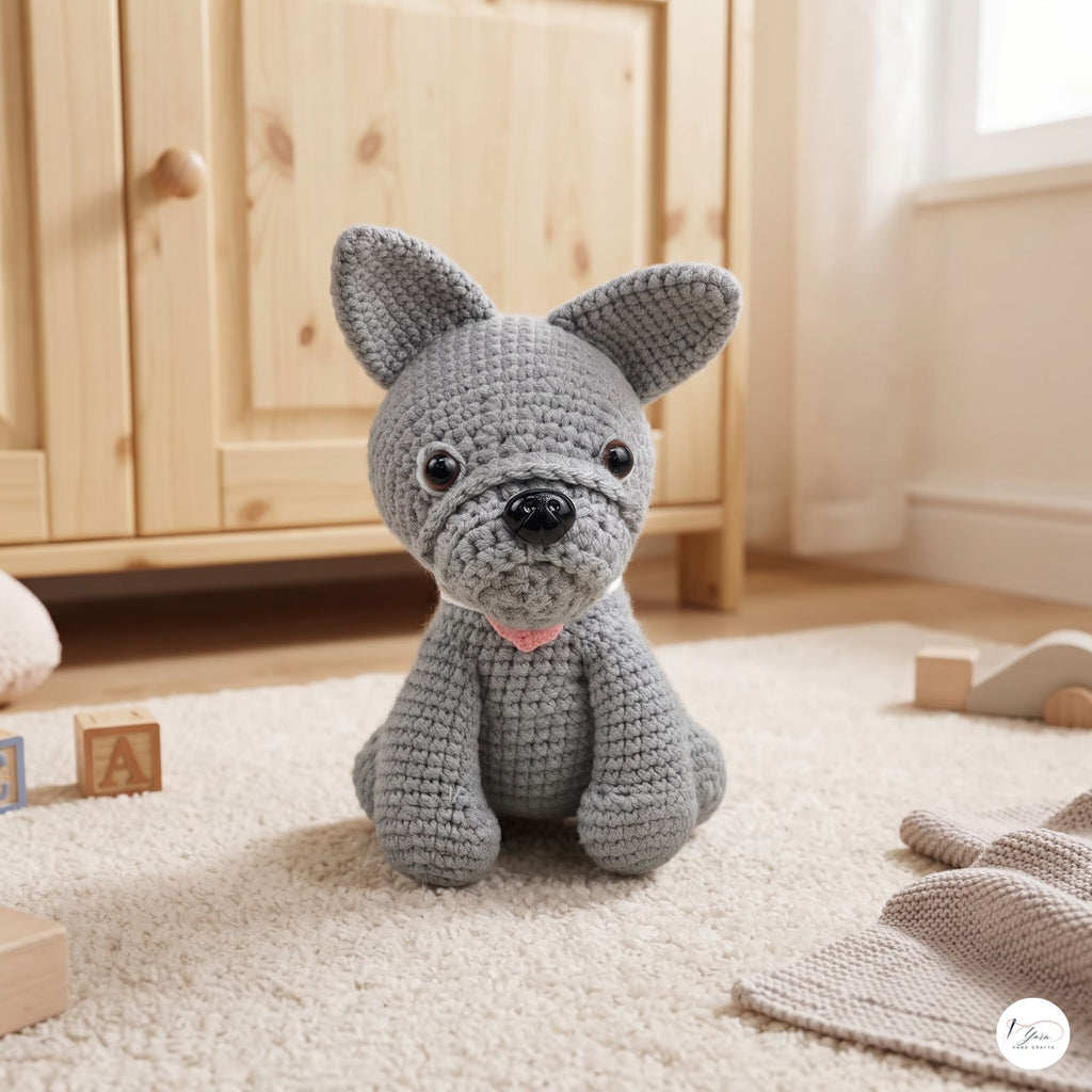 A gray crocheted dog plush toy with black eyes and nose, sitting on a cream carpet in a child's room with a wooden cabinet in the background.