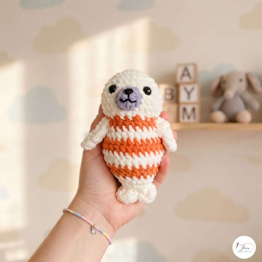 Handmade Crochet Seal Plush, Orange Striped Baby Seal Stuffed Animal, Soft Ocean Animal Toy, Seal Lover Gift, Nursery Decor
