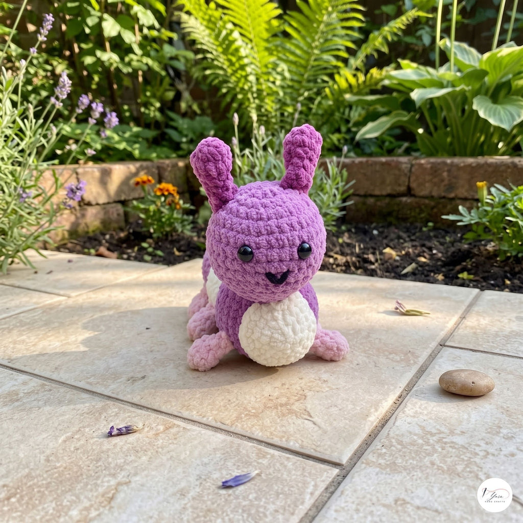 A purple and pink crocheted bunny toy with a white belly sits on a beige stone patio in a garden with green plants and flowers in the background.