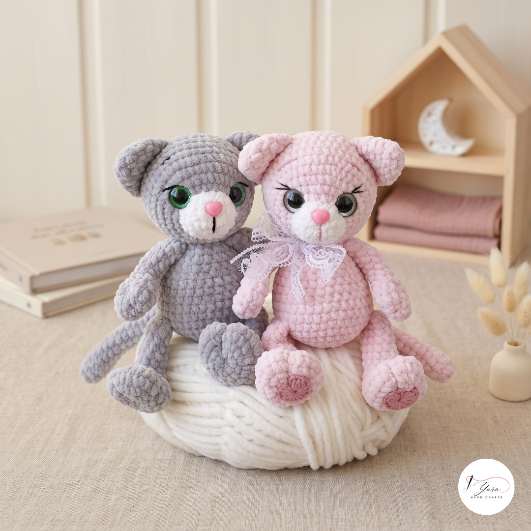 Plush Cat Crochet Pattern PDF, Cute Chenille Kitty Amigurumi Tutorial
